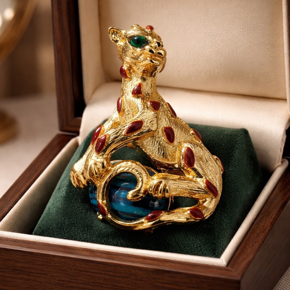 Kenneth Jay Lane Gold and Red & Green Panther Brooch